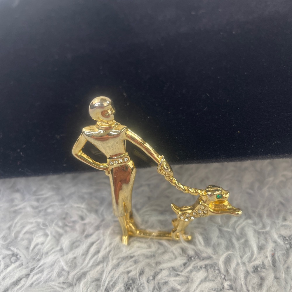 Brooch Women Gold Art Deco Woman Walking Dog Rhinestone Pin